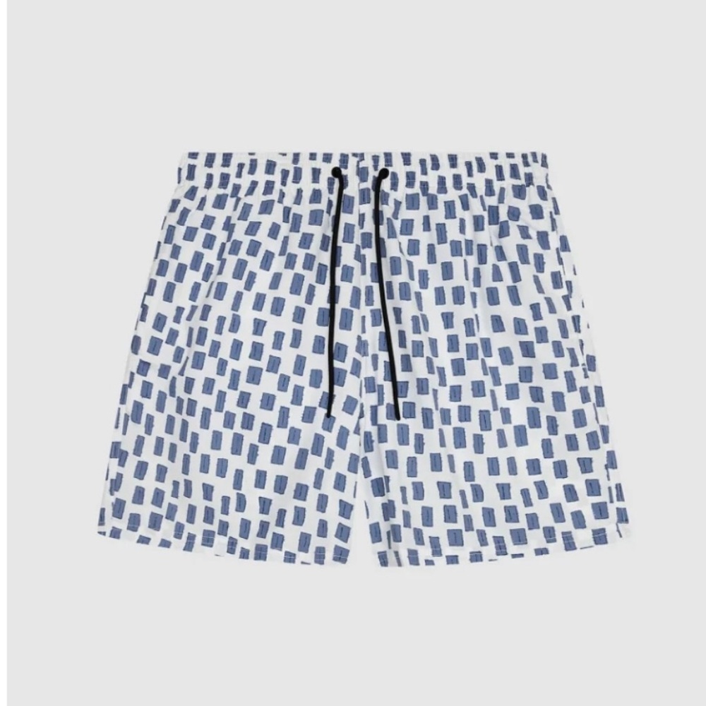 Reiss Men’s Ciaro Printed Swim Shorts Large Blue White 16” Out seam Lined